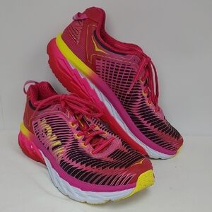 Hoka One One Women's Arahi Pink and Yellow Athletic Running Shoes